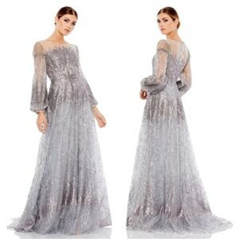 Mac Duggal Jewel Encrusted Illusion Long Sleeve A Line Gown Platinum Size 12 NWT